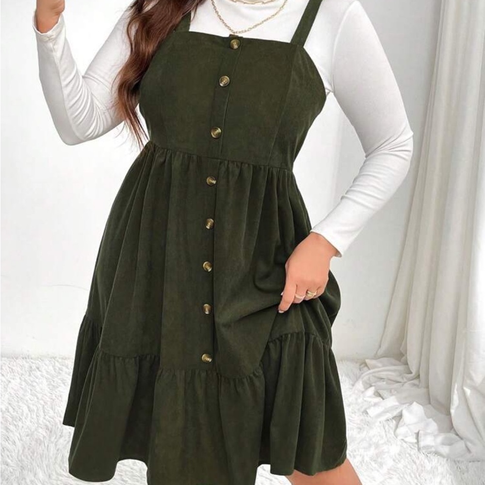 Cottage-Core Olive Green Button-Down Dress